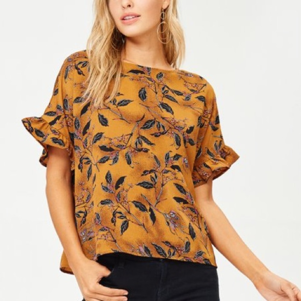 Mustard Floral-Print Ruffle Blouse